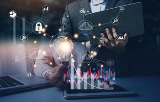 businessmen Fingerprint scanning and biometric authentication, processing of biometric for access personal data. surveillance and security scanning of digital programs cyber futuristic applications photo