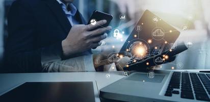 businessmen Fingerprint scanning and biometric authentication, processing of biometric for access personal data. surveillance and security scanning of digital programs cyber futuristic applications photo