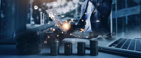 businessmen Fingerprint scanning and biometric authentication, processing of biometric for access personal data. surveillance and security scanning of digital programs cyber futuristic applications photo
