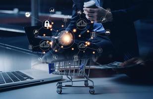 businessmen Fingerprint scanning and biometric authentication, processing of biometric for access personal data. surveillance and security scanning of digital programs cyber futuristic applications photo
