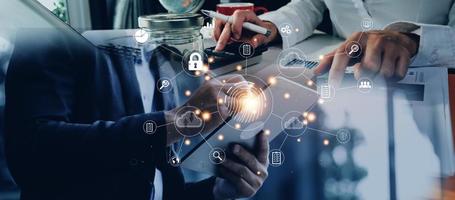 businessmen Fingerprint scanning and biometric authentication, processing of biometric for access personal data. surveillance and security scanning of digital programs cyber futuristic applications photo
