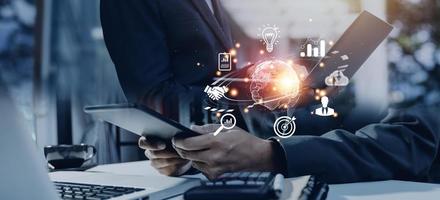 woman Hand holding virtual Global Internet connection metaverse. Business global internet connection application technology and digital marketing, Financial and banking, Digital link tech, big data. photo