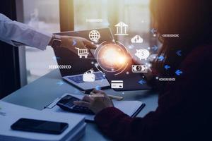 futuristic digital processing of biometric identification fingerprint scanner for access personal financial data. surveillance and security scanning of digital programs cyber futuristic applications photo