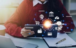 futuristic digital processing of biometric identification fingerprint scanner for access personal financial data. surveillance and security scanning of digital programs cyber futuristic applications photo