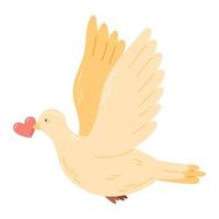 A dove with outstretched wings holding a heart in its beak. Vector isolated cartoon illustration.