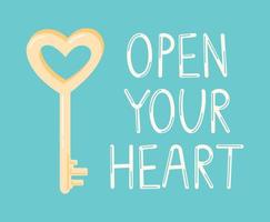 Vector cartoon banner with an inscription open your heart and an illustration of a key in the shape of a heart.