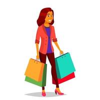 vector de mujer de compras. concepto de compra. Tienda. comprador feliz. comestibles en tienda, supermercado. sosteniendo paquetes de papel. ilustración de dibujos animados aislado de negocios