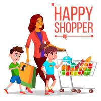 Shopping Woman Vector. With Children. Purchasing Concept. Happy Shopper. Smiling Girl. Holding Paper Packages. Joyful Female. Grocery Cart. Business Isolated Cartoon Illustration vector