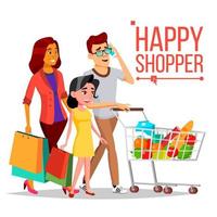 Shopping Woman Vector. Happy Family Couple. Grocery Cart. Joyful Female. Holding Paper Bags. Groceries In Shop, Supermarket. Shopping Day. Pleasure Of Purchase. Business Isolated Cartoon Illustration vector