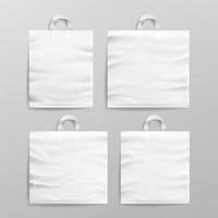 White Empty Reusable Plastic Shopping Realistic Bags Set With Handles. Close Up Mock Up. Vector Illustration