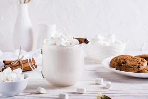 Warm cocoa with marshmallows and cinnamon in a cup and a plate of oatmeal cookies on the table. photo