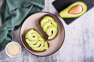 Sandwiches on rye bread with avocado and sesame seeds on a plate. Healthy food. Top view photo