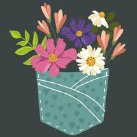 Hand drawn flowers and grasses bunch in jeans pocket. vector illustration