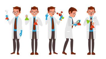 Scientist Character Vector. Friendly Funny Professor. Chemistry Laboratory Specialists. Isolated Flat Cartoon Illustration vector