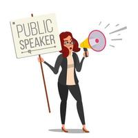 Woman Shouting Through Megaphone Vector. Public Female Protest. Public Speaker. Social Activist. Loud Announcement. Communicate Concept. Isolated Flat Cartoon Illustration vector