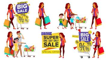 Shopping Woman Set Vector. People In Mall. Family, Children. Purchasing Concept. Happy Shopper. Holding Paper Packages, Bags. Pleasure Of Purchase. Business Isolated Cartoon Illustration vector
