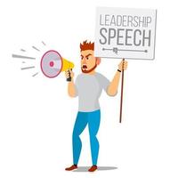 Man Shouting Through Loud Speaker Vector. Leadership Speech. Signs Of Disagreement. Loud Announcement. Communicate Concept. Isolated Flat Cartoon Illustration