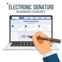 vector portátil de firma electrónica. acuerdo comercial financiero. contrato web. documento en línea. ilustración plana aislada