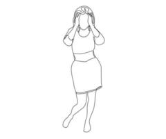 abstract girl without a face stands with her hands raised to her face, hand drawn, continuous monoline, one line art vector