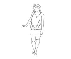 abstract girl without a face stands in a short dress with an outstretched arm, hand drawn, continuous monoline, one line art vector