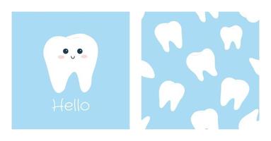 Cute vector illustration and seamless pattern with white smiling tooth.