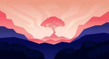 paisaje natural de siluetas de colinas, árboles y cielo, con fondo degradado púrpura y rosa vector