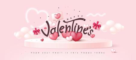 Valentines day background with Heart Shaped Balloons and text design on podium display vector