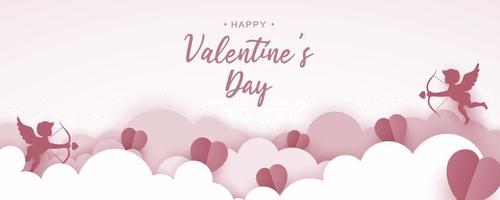 Valentines day greeting card with paper cut hearts and cupid. Vector illustration.