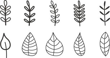 large set of black leaf twigs, outline, linear art, doodle style, collection of plants on a white background, vector illustration.