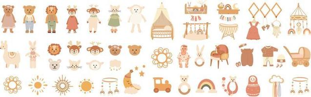 Big set of cute boho baby objects. Cartoon doodle kids clipart for baby shower invitation card, nursery room decor, poster. Editable vector illustration.