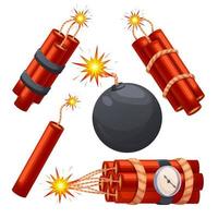dinamita bomba tnt fuego conjunto dibujos animados vector ilustración