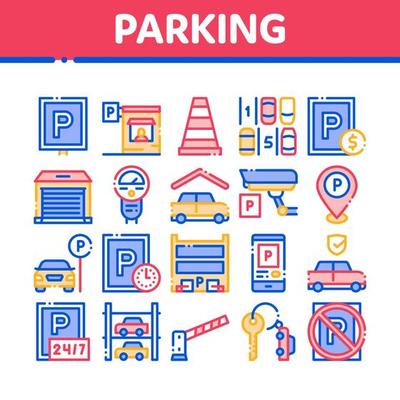 Parking Car Collection Elements Icons Set Vector