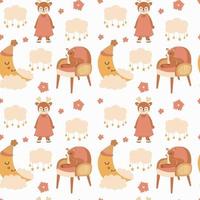 Cute seamless pattern with a teddy bear, a deer in a dress and a deer on a chair, with the moon on a cloud. Vector print in boho style for a child