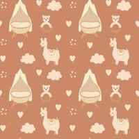 Seamless baby pattern with baby cot and llama in boho style, brown with white elements, in vector illustration.
