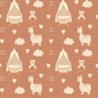 Seamless baby pattern with baby cot and llama in boho style, brown with white elements, in vector illustration.