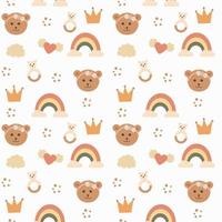 Cute seamless pattern with teddy bear, rainbow and crown, in Scandinavian style. Vector print in boho style for a child
