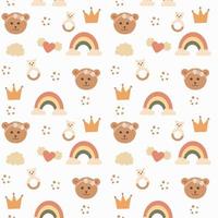 Cute seamless pattern with teddy bear, rainbow and crown, in Scandinavian style. Vector print in boho style for a child