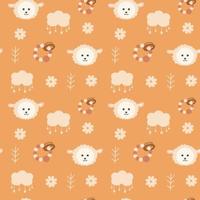 Cute seamless pattern with lamb, children's toy, clouds. Vector print in boho style for a child