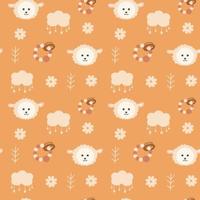 Cute seamless pattern with lamb, children's toy, clouds. Vector print in boho style for a child