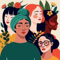 grupo de mujeres adultas que ilustran el día internacional de la mujer con personajes ficticios vector