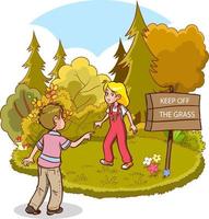 girl stepping on grass and boy warning her cartoon vector