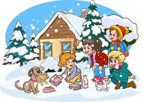 children feeding stray animals cartoon vector