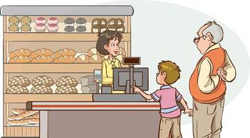 niño comprando pan del vector de dibujos animados de panadería
