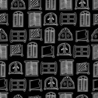 Seamless pattern with doodle style windows on a black background. vector