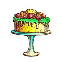 Delicious Cake Decorated With Fruits Ink Vector