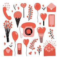 Big Valentine's Day set in red colors. Cartoon vector love set. Retro telephone, waffle ice cream, hearts, flower bouquet, lollypop, envelopes, mobile phones. Wrapping paper, wedding decor, stickers.