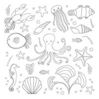 Big sea animals set. Vector sealife colouring page with octopus, ball fish, jellyfish, clownfish, starfish, crayfish, seahorse, reef fish, algae. Design for stickers, decor, pattern, print, cards.