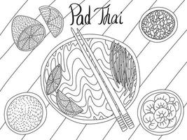 Vector pad Thai noodles sketch. Hand drawn pad thai top table view dish