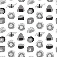 Vector sushi and rolls with fish seamless pattern. Hand drawn sushi and sashimi print on white background