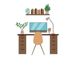 Modern workspace with computer table, chair, lamp and bookshelves. Flat vector illustration. Interior design of study room. Office furniture, online workspace.